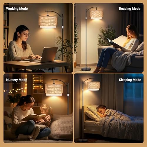 51Ck-E6pEOL._SL500_.jpg ROTTOGOON Rattan Floor Lamps: Boho Arc Standing Lamps with Rattan & Linen Shades, 9W Bulb, Foot Switch. Ideal for Living Room & Bedroom. - Image 7