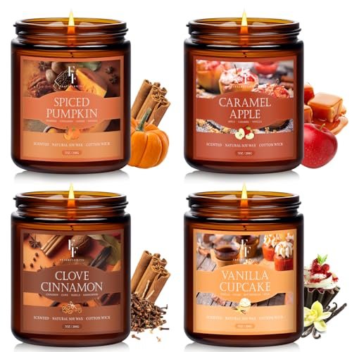 Autumn Candle Set: 4 Natural Soy Wax Candles with Pumpkin, Fall Candles Set, 4 Pack Candles for Home Scented Natural Soy Wax, Autumn Gifts Set for Women Men, Fall Fragrance of Pumpkin/Cinnamon/Vanilla Cupcake/Apple