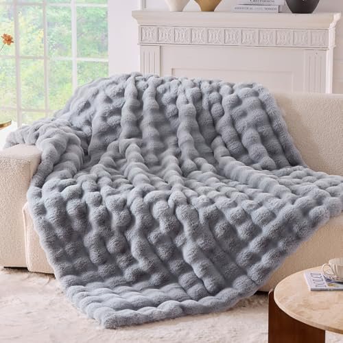 BENVWE Soft Fluffy Faux Fur Throw Blanket, Luxurious Light Grey BENVWE Fluffy Faux Fur Throw Blanket for Couch, Soft Plush Thick Cozy Fuzzy Luxury Minky Bubble Blanket for Home Living Room Decor Gift for Women, Light Grey, 63" x 80", 1100GSM