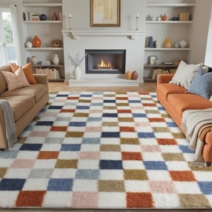 PureCozy Checkered Rug 8x10 for Living Room, Modern Rainbow Shag Rug Washable Non-Slip Large Area Rug Super Soft Indoor Fuzzy Carpet Fluffy Rugs for Bedroom Home Aesthetic Decor