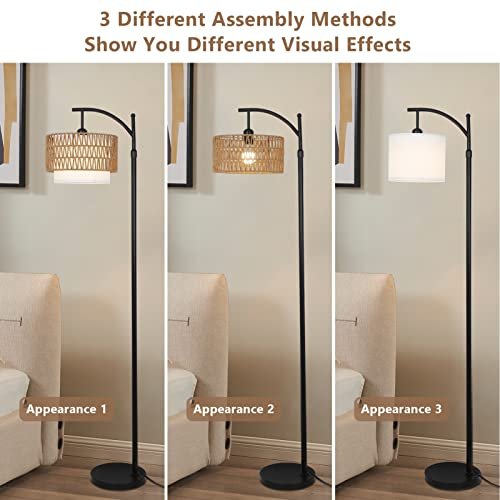 51HQS7ZUBL._SL500_.jpg Arc Floor Lamp for Living Room: 3 Color Temperatures, Remote-Controlled, Dimmable Bulb, Boho Style with Rattan Shades - Image 5
