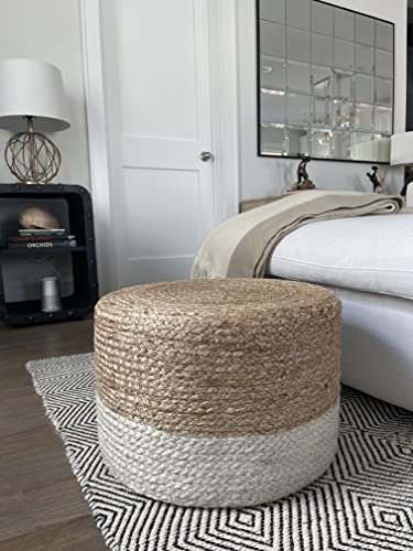 S & L Homes Pouf Ottoman - 100% Jute Braided Footrest Pouf Hand Knitted Traditional Cord Boho Pouffe for Living Room, Bedroom, Nursery, Patio, Lounge Colorblock - Natural Ivory (18”x18”x12”)