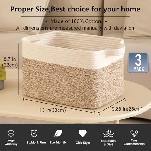 51KjZhWE1kL._SL500_.jpg OIAHOMY 3-Pack Storage Baskets: 13x9.85x8.7'' Woven Bins with Handles for Toy Storage & Stylish Home Decor, White & Brown - Image 3