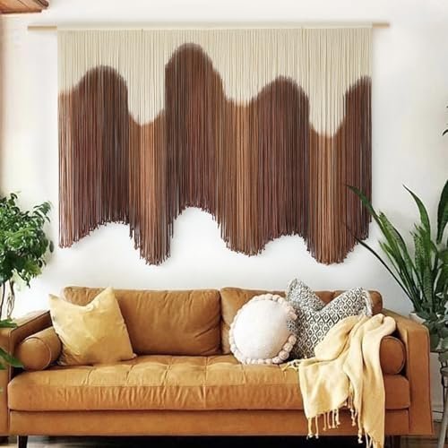 51Lyuqee8L._SL500_.jpg IOWER Large Brown Dip-Dyed Macrame Wall Hanging - Handmade Boho Fiber Art for Bedroom & Living Room (57"W x 39"L) - Image 2