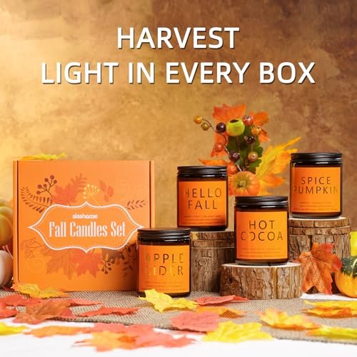 51M3nhL0P-L._SL500_.jpg Fall Candles Set - 4 Natural Soy Wax Candles with Autumn Scents: Hellofall, Pumpkin Spice, Apple Cider & Hot Cocoa. Perfect Gift! - Image 8