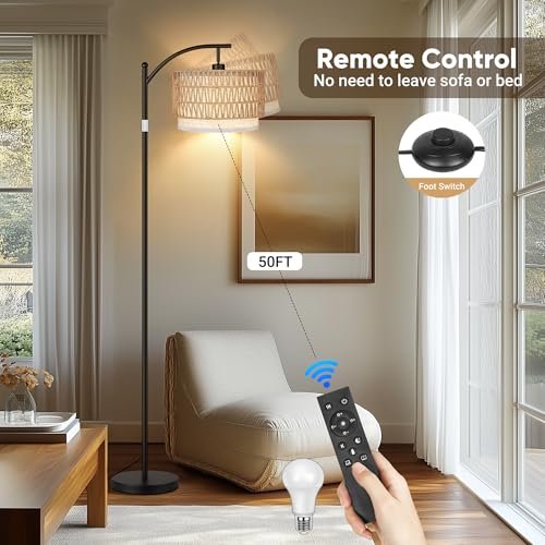 51Me52ethzL._SL500_.jpg ROTTOGOON Rattan Floor Lamps: Boho Arc Standing Lamps with Rattan & Linen Shades, 9W Bulb, Foot Switch. Ideal for Living Room & Bedroom. - Image 5