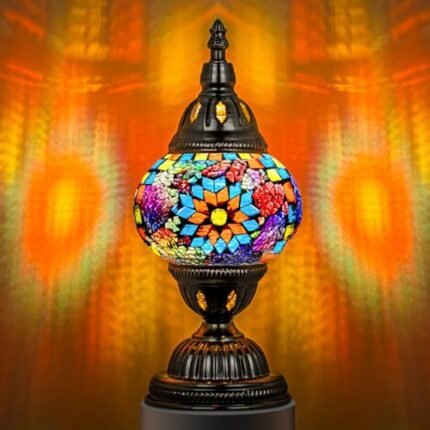 Marrakech Turkish Table Lamp with Bronze Base，Handmade Colorful Moroccan Tiffany Style Mosaic Glass Night Stand Light Fixture Including LED Bulb for Living Room Bedroom Decor