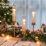 Hewory Gold Hurricane Candle Holders: Set of 3 Brass Tall Taper Holders for Weddings, Parties, and Christmas Décor. - Image 4