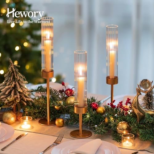 51Q8CObVBuL._SL500_.jpg Hewory Gold Hurricane Candle Holders: Set of 3 Brass Tall Taper Holders for Weddings, Parties, and Christmas Décor. - Image 4