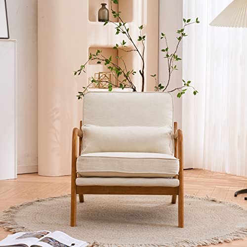 51Robs5eNQL._SL500_.jpg Karl Mid-Century Modern Accent Chair with Pillow, Linen Upholster, Solid Wood Frame, Beige - Image 3