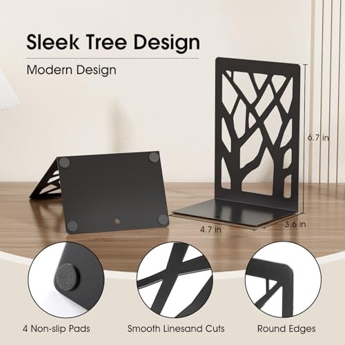 51S0aoPicuL._SL500_.jpg MaxGear Modern Tree Design Bookends – Sturdy, Non-Skid Metal Holders for Books & CDs, 2 Pairs (4 Pieces) in Black, 7"x4.7"x3.5" - Image 3