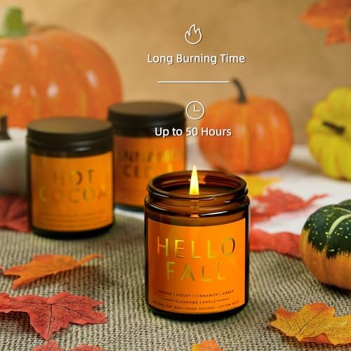 51SNEllm0KL._SL500_.jpg Fall Candles Set - 4 Natural Soy Wax Candles with Autumn Scents: Hellofall, Pumpkin Spice, Apple Cider & Hot Cocoa. Perfect Gift! - Image 3