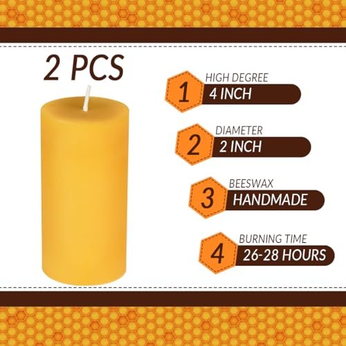 51T5EJyjTsL._SL500_.jpg Natural Beeswax Pillar Candle Set - Smokeless, Dripless, Long-Lasting, 1.89x3.86 inch (2 Pack) for Home Decor & Prayers, Brown - Image 2