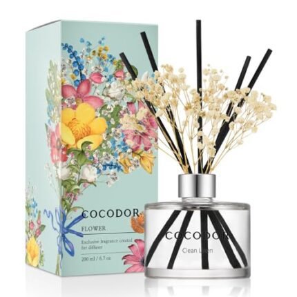 COCODOR Flower Reed Diffuser Set / 6.7oz / Clean Linen/Scent Diffuser with Sticks Home Fragrance Reed Diffuser for Bathroom Shelf Decor