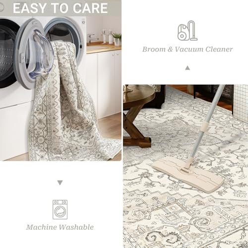51Tx1MvuffL._SL500_.jpg Befbee 8x10 Beige Area Rug: Washable, Stain-Resistant Vintage Design for Living & Dining Rooms. Non-Slip. - Image 6
