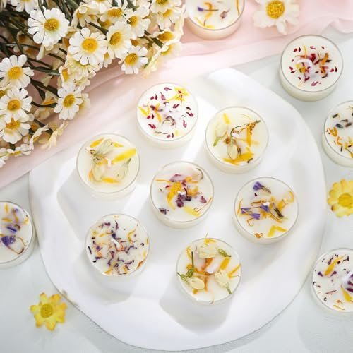 Honoson 12-Pack Scented Tealights with Dried Flowers – 4 Floral Honoson 12 Pcs Scented Tealights Dried Flower Candles Wedding Bridesmaid Gift 4 Floral Scents Jasmine Lavender Rose and Globe Purple 8-hour Smokeless Tealight Candles for Wedding Bridal Shower Spa