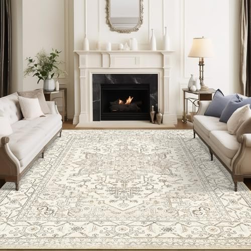 51VVOVB7ESL._SL500_.jpg Befbee 8x10 Beige Area Rug: Washable, Stain-Resistant Vintage Design for Living & Dining Rooms. Non-Slip. - Image 3