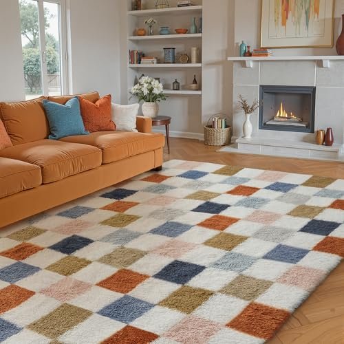 51WVgldMb4L._SL500_.jpg PureCozy 8x10 Checkered Rainbow Shag Rug – Washable, Non-Slip, Super Soft Carpet for Living Room & Bedroom Décor. - Image 5