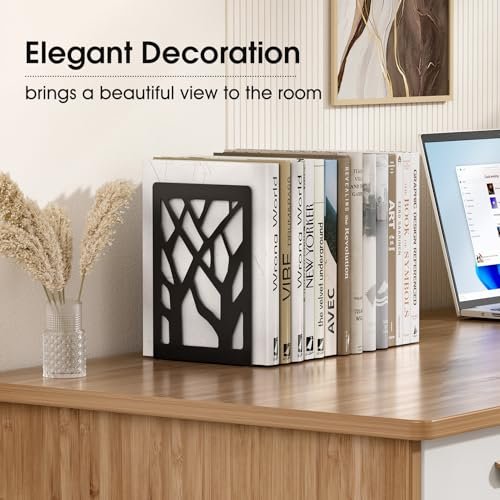 51Wm64OkLcL._SL500_.jpg MaxGear Modern Tree Design Bookends – Sturdy, Non-Skid Metal Holders for Books & CDs, 2 Pairs (4 Pieces) in Black, 7"x4.7"x3.5" - Image 2