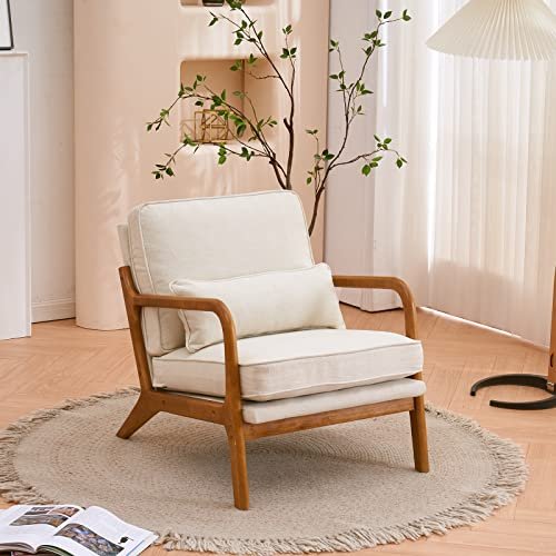 Karl Mid-Century Modern Accent Chair with Pillow, Linen Upholster, Solid Karl home Accent Chair Mid-Century Modern Chair with Pillow Linen Fabric Upholstered Lounge Arm Chair with Solid Wood Frame & Soft Cushion for Living Room, Bedroom, Balcony, Beige