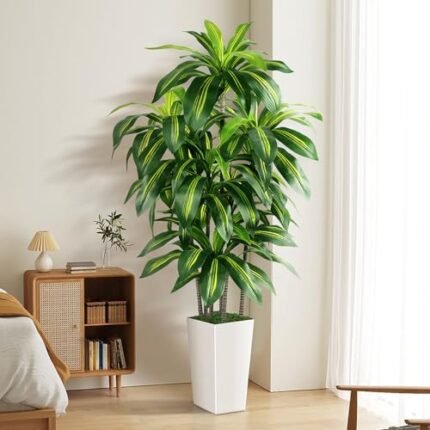 Artificial Dracaena Tree Indoor, 5FT Tall Fake Tree with White Tall Planter, Artificial Tree Fake Yucca Potted Tree for Home Office Living Room Decor,Tall Artificial Plant for Housewarming