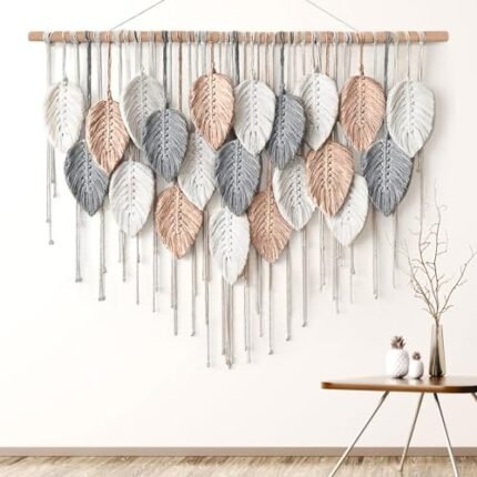 Alynsehom Large Macrame Wall Hanging, Boho Woven Tapestry, Chic Modern Bohemian Handmade Leaf Feather Wall Art Home Decor for Apartment Dorm Living Room Bedroom Nursery Backdrop (39" W X 29.5" L)