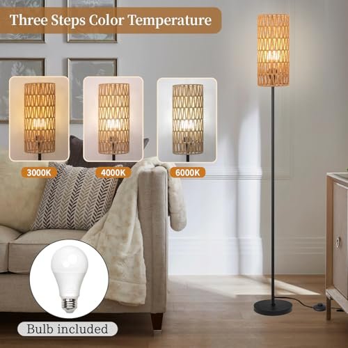 51bFaBHChXL._SL500_.jpg Ruiever Farmhouse Rattan Floor Lamp: Modern Black Standing Lamp with 3-Color LED Bulb and Foot Switch - Image 3