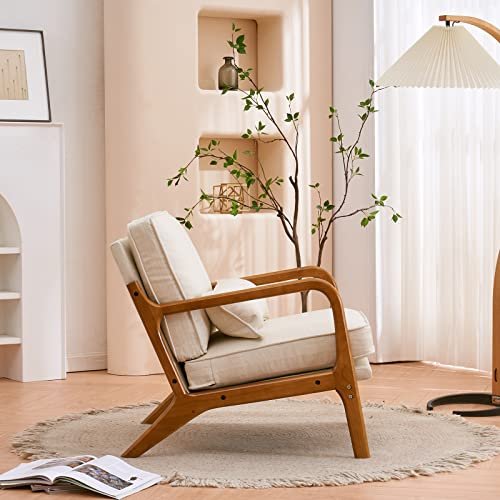 51bwBoeKC6L._SL500_.jpg Karl Mid-Century Modern Accent Chair with Pillow, Linen Upholster, Solid Wood Frame, Beige - Image 4