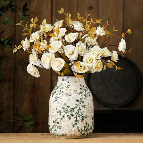 Green and Beige Vintage Chinoiserie Floral Vase - Rustic 7.8 Green and Beige Vintage Vase, Chinoiserie Floral Vase, Rustic Ceramic Large Vases for Home Decors, Living Room, Bookshelf, Office, Grand Millennial Decor, Chinoiserie Decors, Tuscan Decor 7.8 Inch