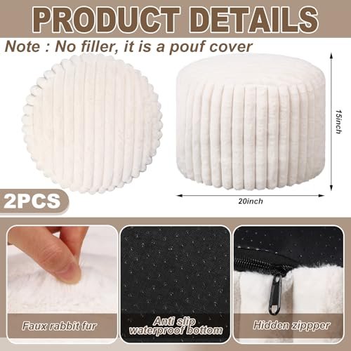 51dDBCDt5JL._SL500_.jpg Teenyyou 2-Pack Faux Rabbit Fur Unstuffed Pouf Covers - 20x15 Inch Ottoman Foot Rest, Beige - Image 2
