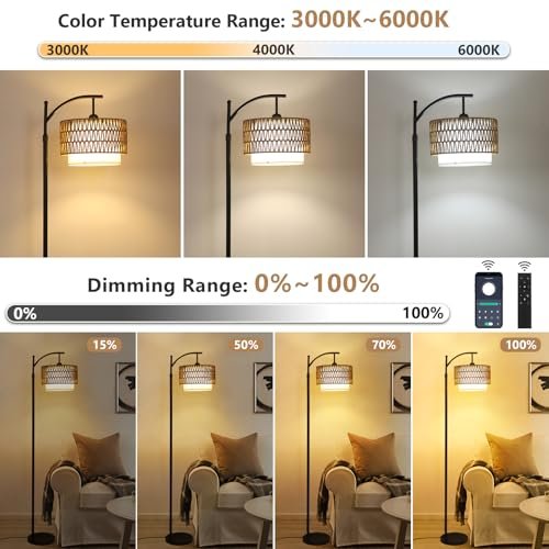 51dtkFV3W8L._SL500_.jpg Arc Floor Lamp for Living Room: 3 Color Temperatures, Remote-Controlled, Dimmable Bulb, Boho Style with Rattan Shades - Image 2