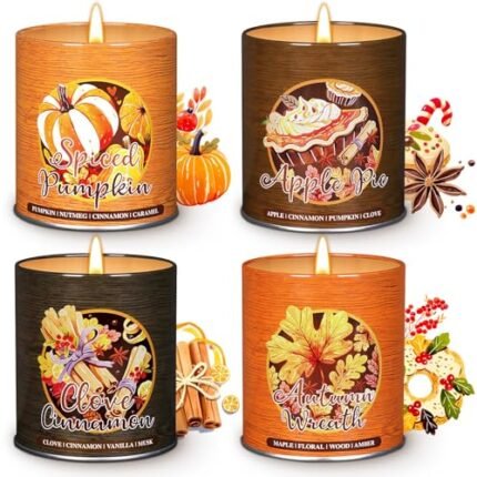 Lanpn Fall Scented Candles Gift Set, 4 Pack 36oz Soy Jar Candle, Thanksgiving Aromatherapy Candles for Woman Man, Autumn Spiced Pumpkin Fragrance Home Table Farmhouse Decoration, Tabletop Centerpiece