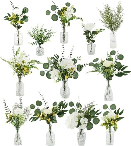 KOPWVA 108-Piece Artificial Flowers & Vases Set for DIY Centerpieces, KOPWVA Artificial Flowers with Vases, 108 Pcs Fake Plants & Bud Vases, Centerpieces Flowers DIY Set Suitable for Central Table,Weddings,Office and Indoor Decoration