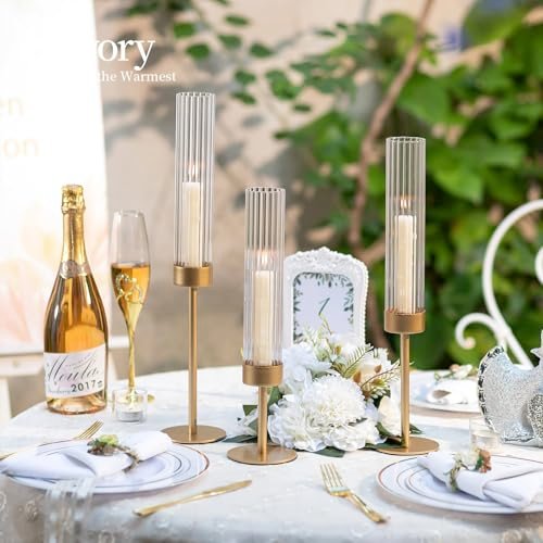 51fR1EUhMEL._SL500_.jpg Hewory Gold Hurricane Candle Holders: Set of 3 Brass Tall Taper Holders for Weddings, Parties, and Christmas Décor. - Image 3