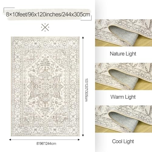 51hKWYLV5bL._SL500_.jpg Befbee 8x10 Beige Area Rug: Washable, Stain-Resistant Vintage Design for Living & Dining Rooms. Non-Slip. - Image 2