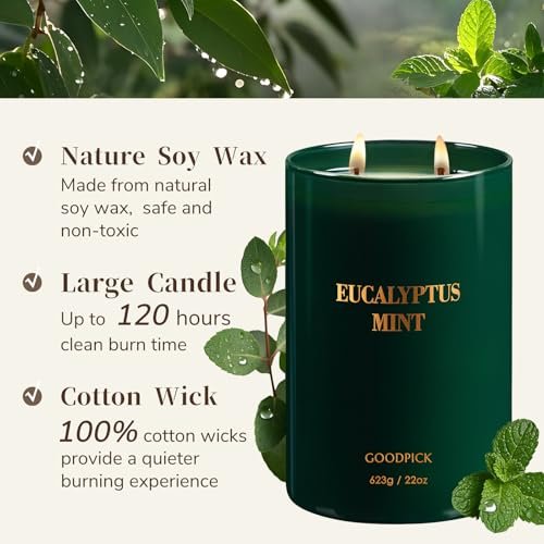 51hkjTOz5GL._SL500_.jpg Goodpick Eucalyptus Mint Soy Candles for Home - 22oz, 120 Hours of Stress-Relieving Scent - Image 2
