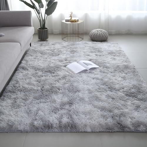 51i1DDTMiL._SL500_.jpg Ultra Soft 5x8 Shag Area Rugs for Bedroom & Living Room, Fluffy Tie-Dye Grey Indoor Carpet for Kids’ Rooms & Nursery Decor. - Image 6