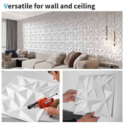 51iCIe0DlrL._SL500_.jpg Art3d 33-Pack 3D Wall Panels, 12x12 inch White Diamond Design for Modern Gaming Room Decor. - Image 5