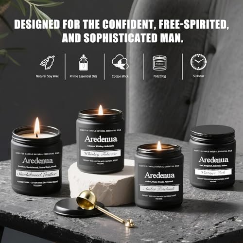 51kEVdkIEL._SL500_.jpg Men's Candle Set β 4 Pack of Masculine Soy Candles for Home, Includes Sandalwood Leather & More - Image 3