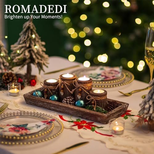 51l-1b7KqUL._SL500_.jpg Boho Wooden Tray Candle Holder Set: Romadedi Farmhouse Coffee Table Decor with 4 Tealight Holders. - Image 2