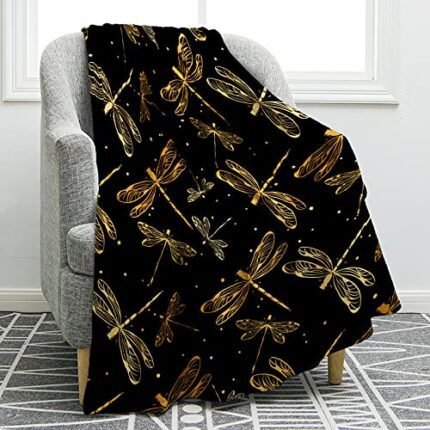 Jekeno Dragonfly Blanket Gifts for Women Kids Girls Home Bedroom Living Room Birthday Christmas Decor Soft Cozy Lightweight Throw Blankets Golden Black 60"x80"