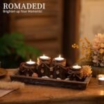 Boho Wooden Tray Candle Holder Set: Romadedi Farmhouse Coffee Table Decor with 4 Tealight Holders. - Image 7