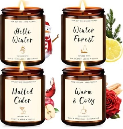 Christmas Scented Candle Gift Set for Women – 4 Pack Winter Soy Candles with Apple Cinnamon, Fir Balsam, Mulled Cider, Sandalwood – Holiday Gifts for Her, Home Décor