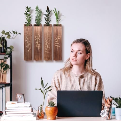51r7tCVFxAL._SL500_.jpg 4-Pack Wooden Indoor Wall Planters, Modern Boho Decor for Living Room & Bedroom, Farmhouse Pocket Vases for Dried Flowers & Faux Plants - Brown - Image 3