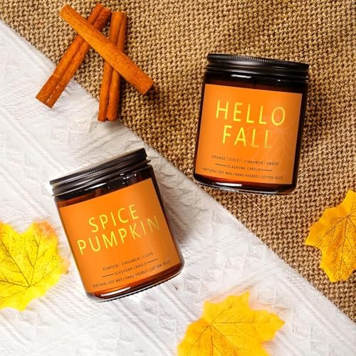 51t-RUHfIL._SL500_.jpg Fall Candles Set - 4 Natural Soy Wax Candles with Autumn Scents: Hellofall, Pumpkin Spice, Apple Cider & Hot Cocoa. Perfect Gift! - Image 6
