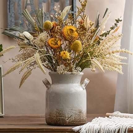 Quoowiit Ceramic Rustic Farmhouse Vase, Distressed Decorative Flower Vase for Home Decor, Ideal Shelf Decor, White Boho Vase for Living Room Bedroom Kitchen Office Decor Centerpiece Table Decorations