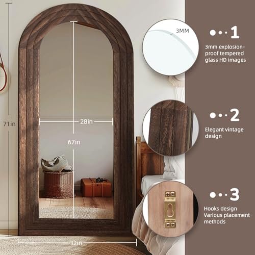 51tdqsu68nL._SL500_.jpg ZHUNFA 71x32 Arched Full-Length Mirror with Solid Wood Frame for Bedroom & Living Room, Brown Finish. - Image 2