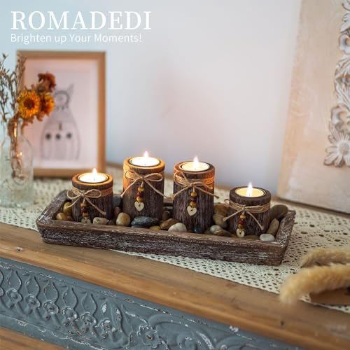 51vzLvPnzFL._SL500_.jpg Boho Wooden Tray Candle Holder Set: Romadedi Farmhouse Coffee Table Decor with 4 Tealight Holders. - Image 3