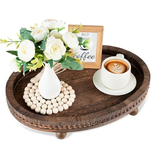 Wooden Decorative Tray - 16x11.8in Rustic Wood Beaded Tray for Wooden Decorative Tray-16×11.8in Wood Beaded Coffee Table Decor Tray,Rustic Farmhouse Decor Tray for Living Room,Bathroom,Kitchen Dining Table,Serving Tray Home Decor