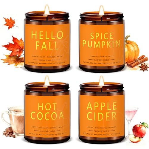 Fall Candles Set - 4 Natural Soy Wax Candles with Fall Candles Set | 4 Pack Candles for Home Scented Natural Soy Wax, Autumn Gifts Set for Women Men, Fall Fragrance of Hellofall, Spice Pumpkin, Apple Cider, Hot Cocoa